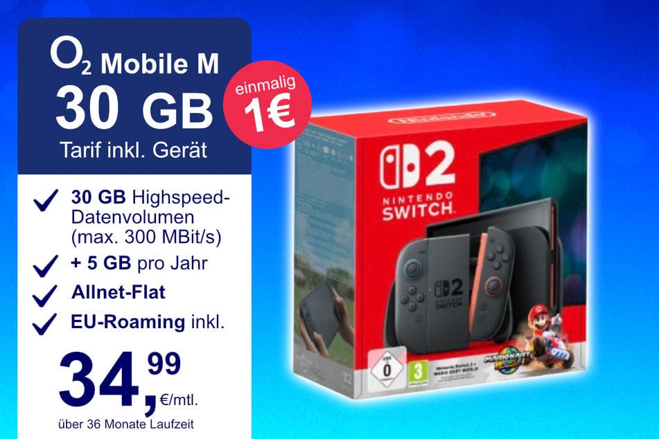 Die Nintendo Switch 2 plus Mario Kart World im o2 Mobile M inkl. 30 GB+ für einmalig nur 1 Euro.