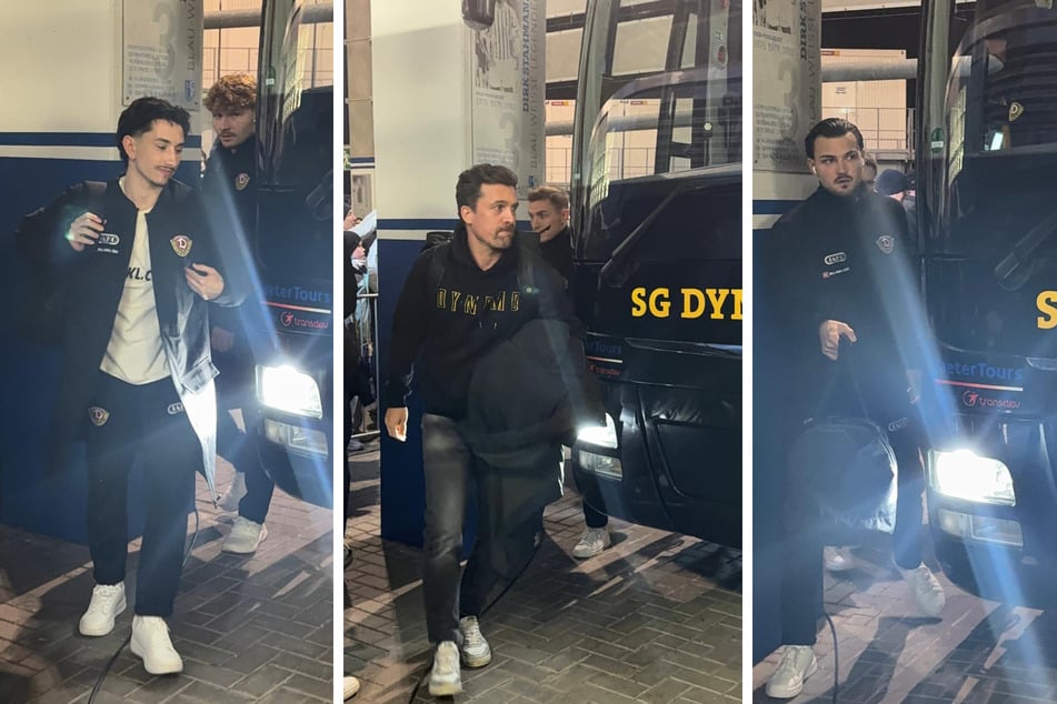 Ex-Magdeburger Jason Ceka (26), SGD-Chefcoach Thomas Stamm (42) und Keeper Tim Schreiber (23, v.l.n.r.) steigen aus dem SGD-Bus.