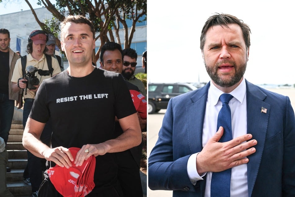 Vice President JD Vance (r.) hosted a tribute to Charlie Kirk on the late far-right commentator's show and urged a crackdown on left-wing politics.