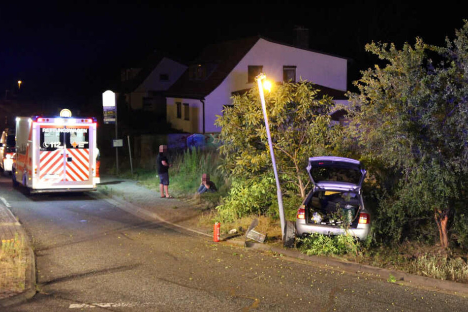 Nachdem der Audi über den Kreisverkehr geflogen ist, landete er im gegenüberliegenden Gebüsch.
