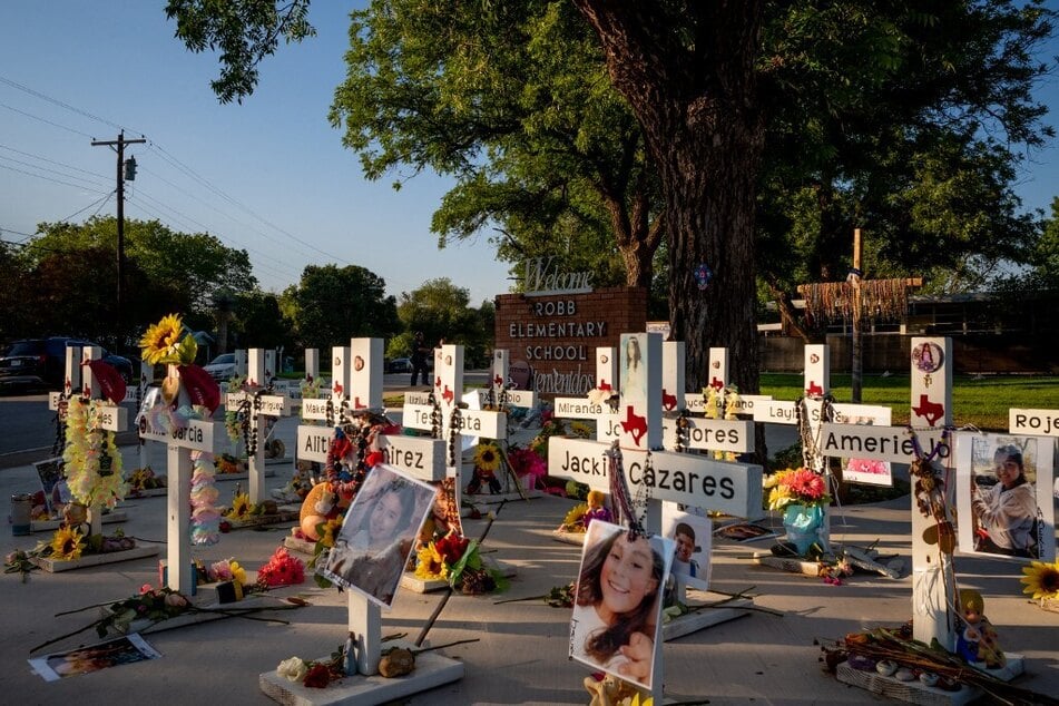 A memorial honors the 19 children and two adults murdered on May 24, 2022, during the mass shooting at Robb Elementary School.