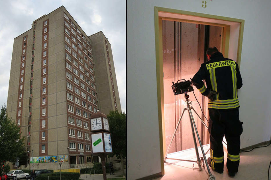 Das Leipziger Horrorhaus in der Stuttgarter Allee 30 (l.). Ein Feuerwehrmann schaut sich eine Brandstelle im 3. Stockwerk an (r.).