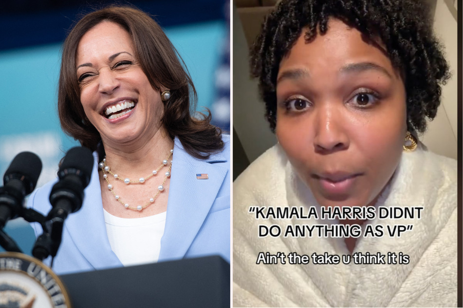 Lizzo (r.) defended Kamala Harris (l.) and her record as VP in a new TikTok following the news that Joe Biden had stepped down from the 2024 presidential race.