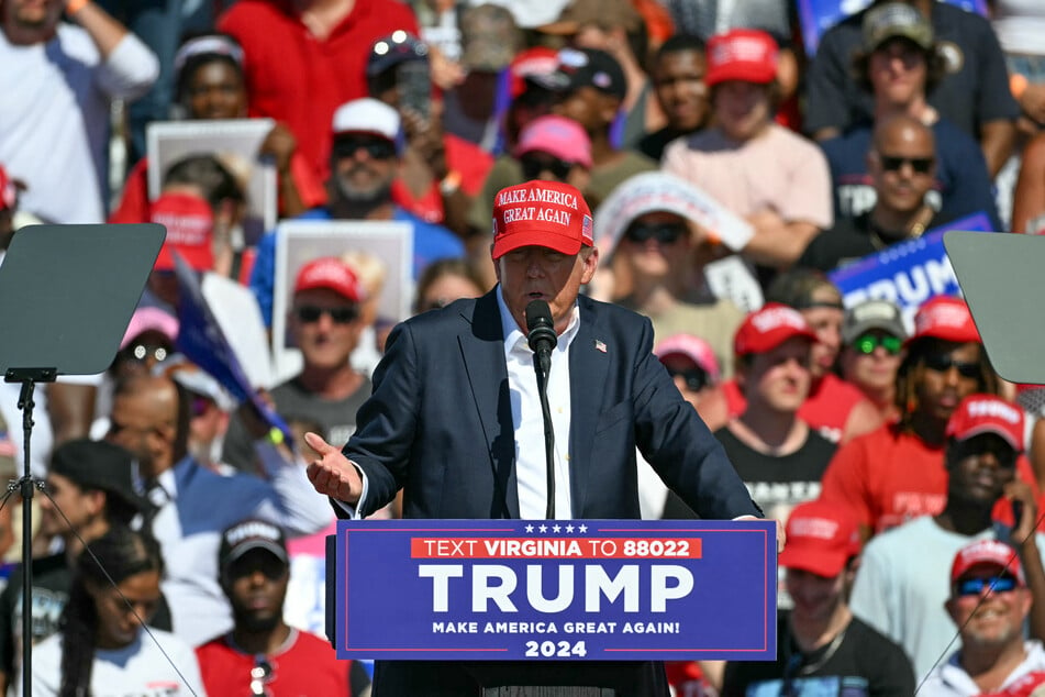 Republican presidential candidate Donald Trump speaking during a campaign rally in Chesapeake, Virginia, on July 28, 2024.