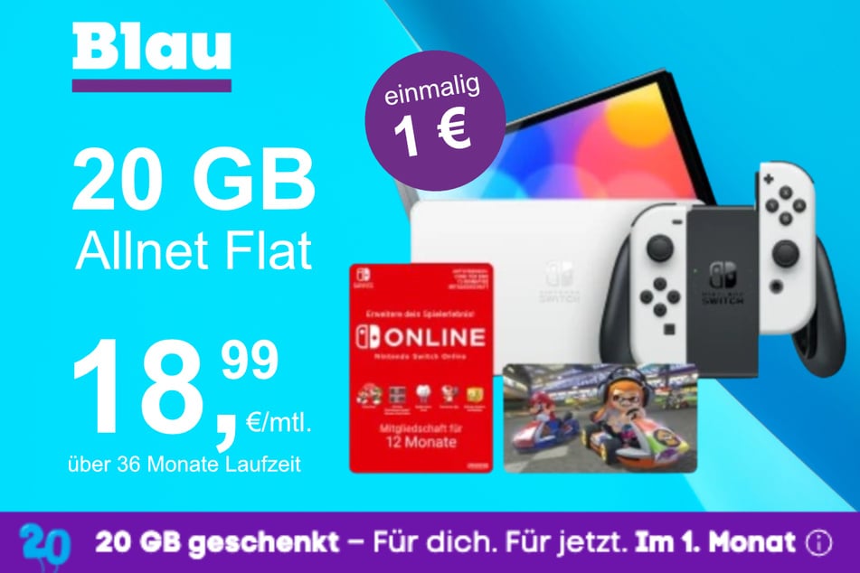 Die Nintendo Switch OLED + Mario Kart 8 im Blau Allnet M inkl. 20 GB für einmalig nur 1 Euro.