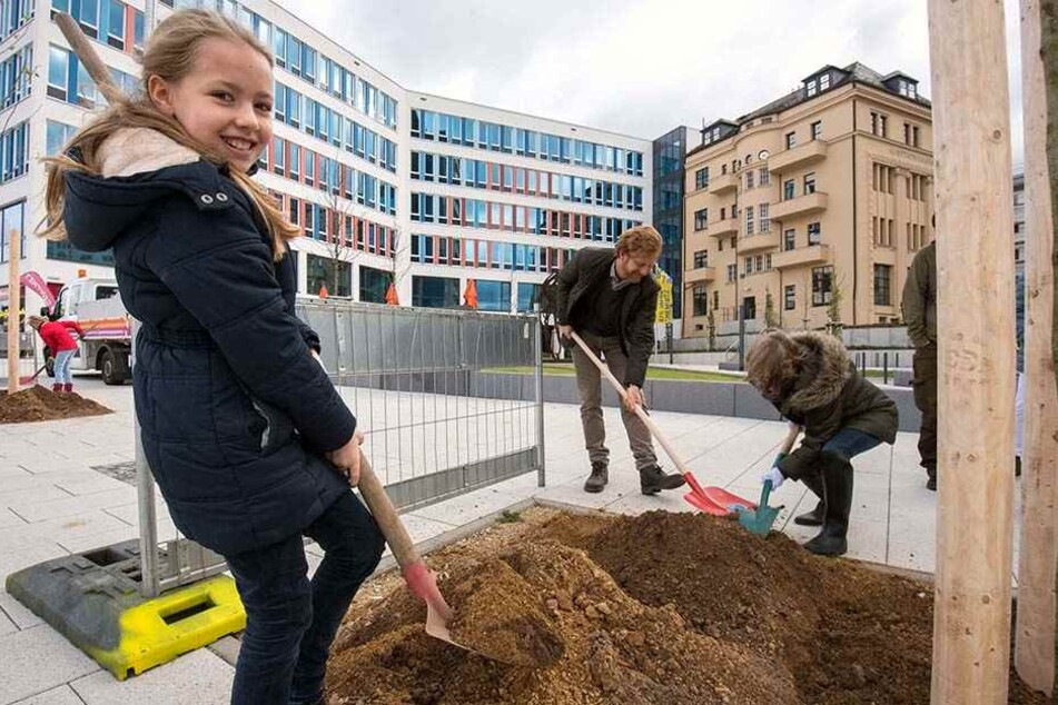 Anouk (9) und Emma (9, r.) helfen Baubürgermeister Michael Stötzer (45, Grüne) vorm Neuen Technischen Rathaus, die Bäume zu pflanzen.
