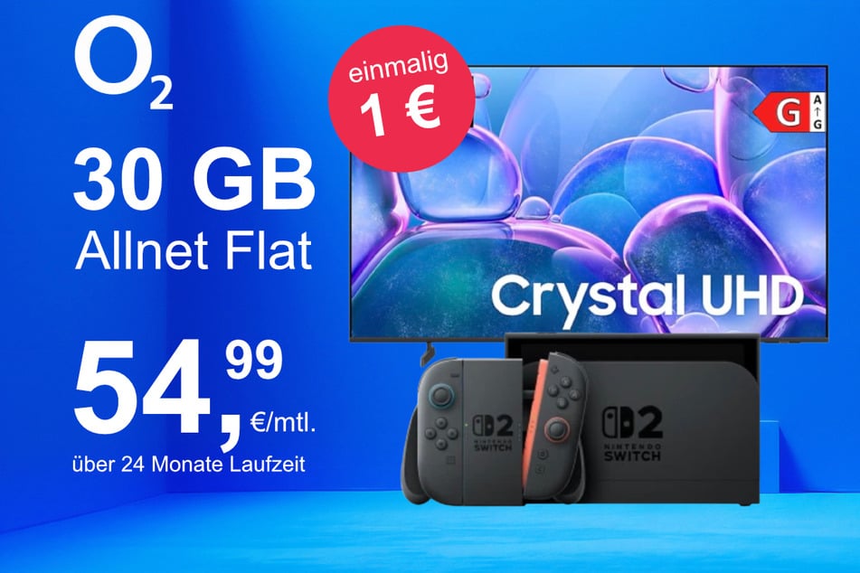 Die Nintendo Switch 2 plus Samsung 50-Zoll Crystal UHD im o2 Mobile M inkl. 30 GB+ für einmalig nur 1 Euro.