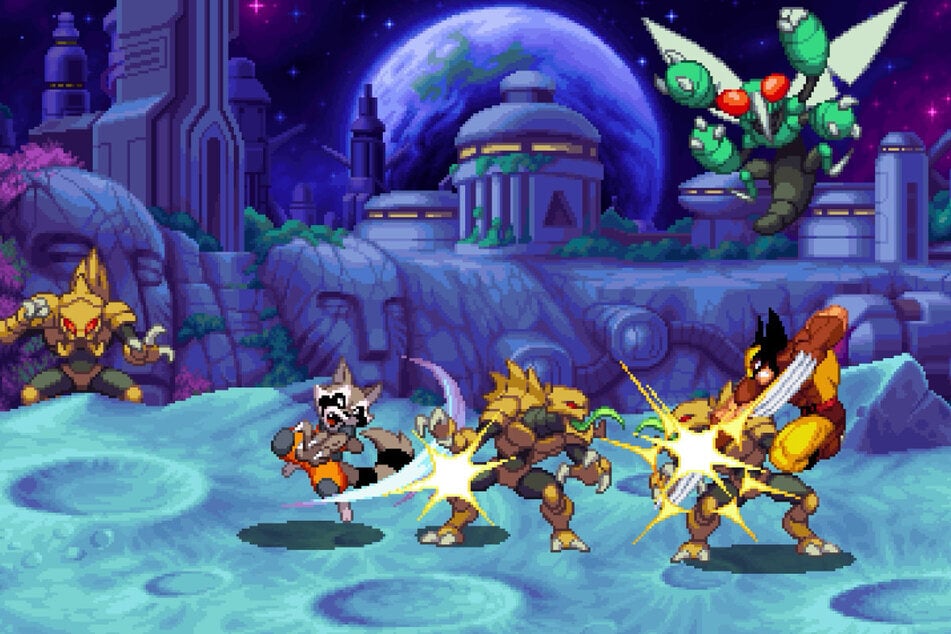 Mit Rocket Raccoon und Wolverine in die Schlacht: Pixel-Grafik und wildes Button Mashing bringen Spielautomaten-Feeling ins Wohnzimmer - und man muss keine Münzen nachwerfen.
