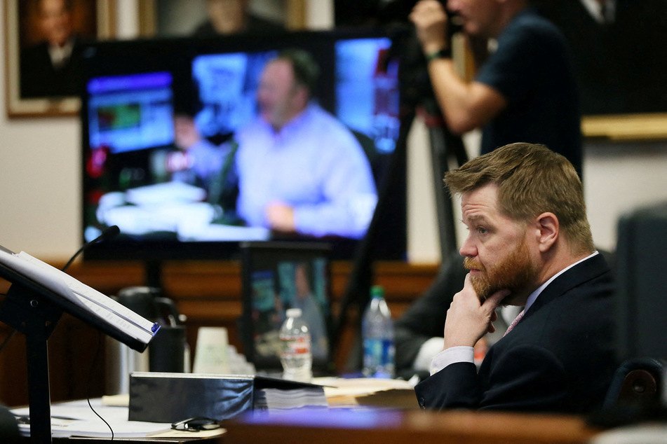Mark Bankston looks at the jury during the defamation trial against Alex Jones in Austin, Texas.