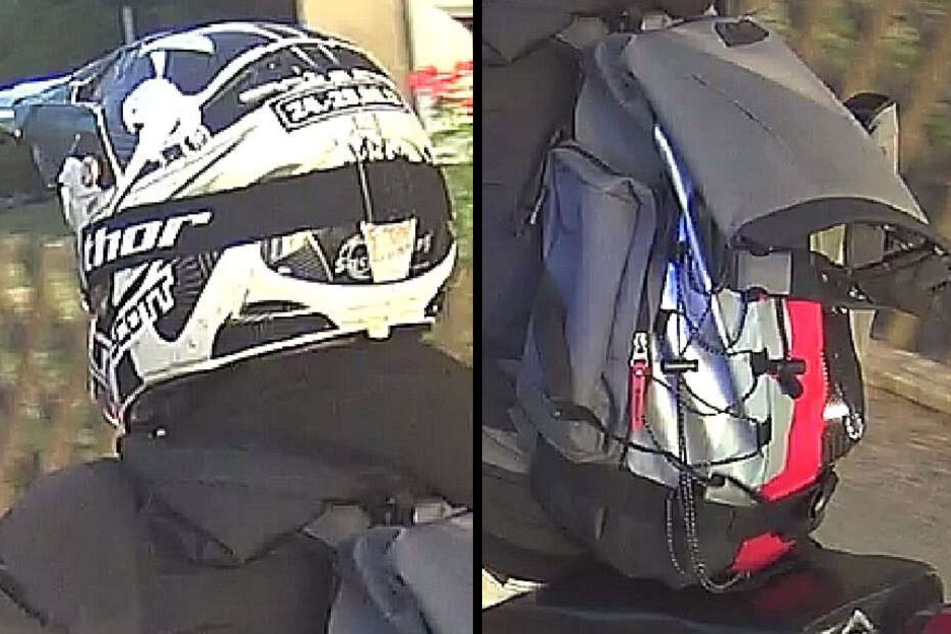Der Fahrer trug einen schwarz-weißen Helm und hatte einen Rucksack dabei.