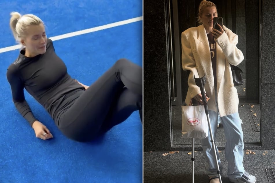 Lena Gercke (37) ist in nächster Zeit auf Krücken angewiesen, hat ihren Style aber nicht verloren.