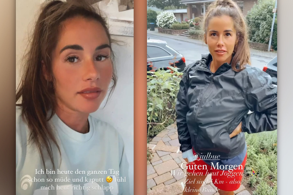 Am Abend noch ganz erschöpft, am Morgen wieder topfit beim Joggen. Sarah Engels (28) hat ihren Fans bei Instagram ein Schwangerschafts-Update gegeben. (Fotomontage)