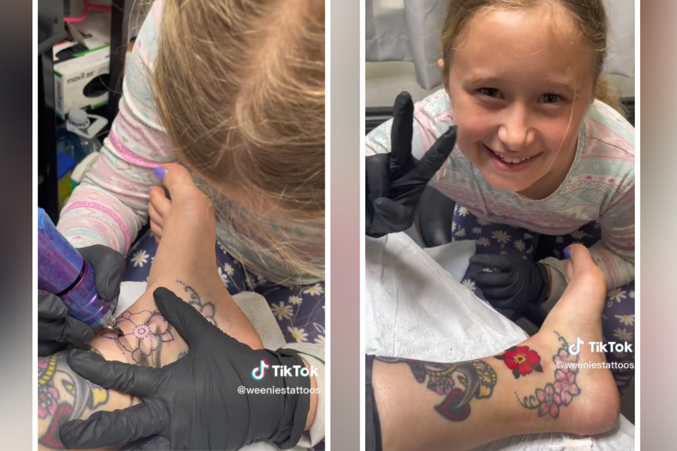 This nine-year-old is learning to tattoo, and her mom let her practice on her ankle!