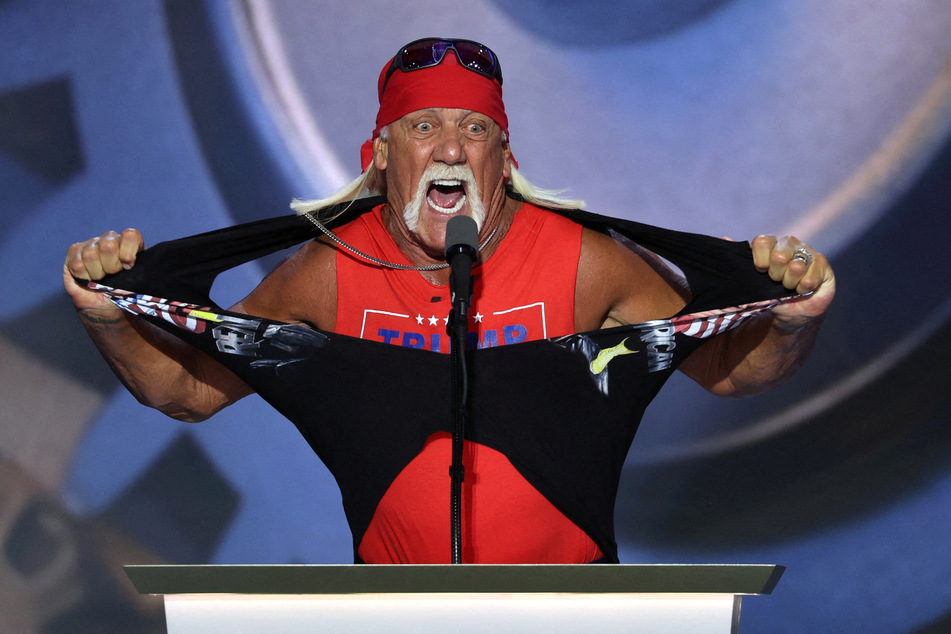 Hulk Hogan tears his shirt open and endorses Donald Trump as he speaks on Day 4 of the 2024 Republican National Convention.