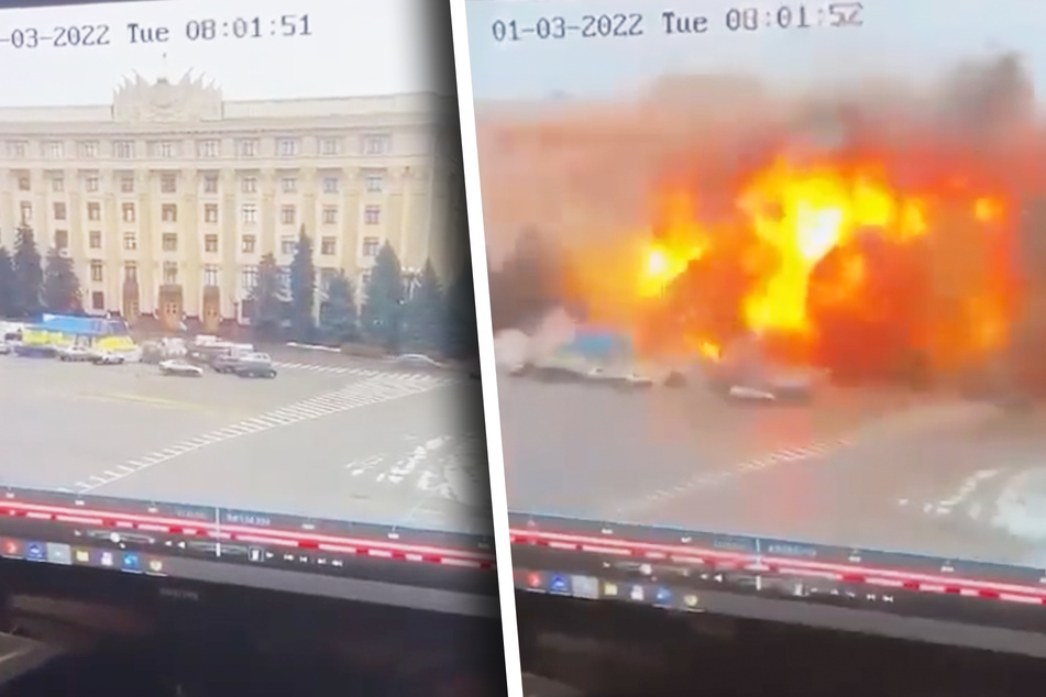 Das Verwaltungsgebäude in Charkiw wurde von einer Rakete getroffen, daraufhin gab es eine heftige Explosion.