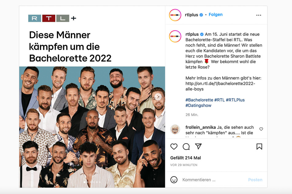 Mit diesem Posting machte RTL die Follower auf die neuen Bachelorette-Boys scharf. Doch nach einer Stunde war es wieder weg.
