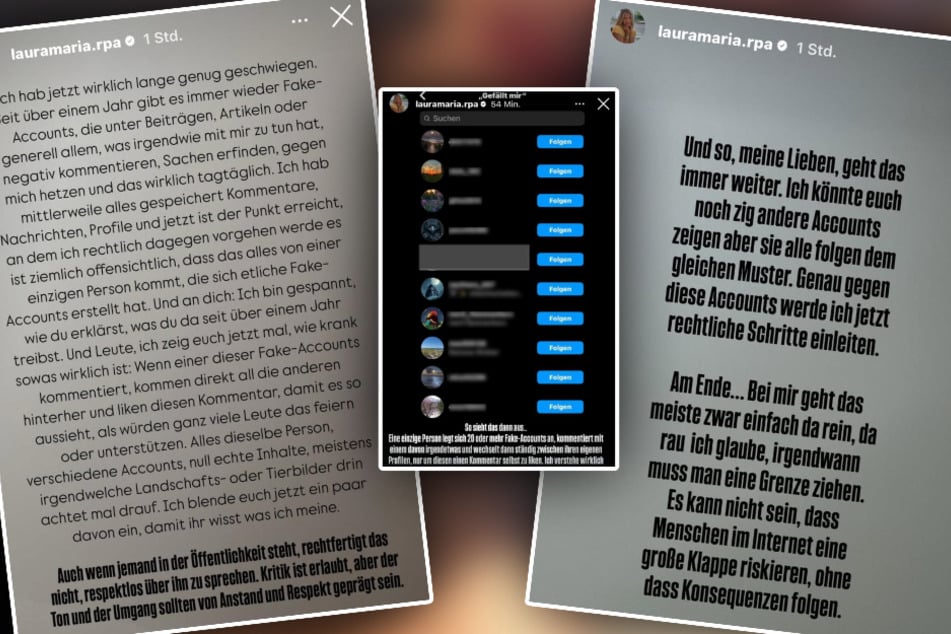 Laura (29) zeigte die Fake-Accounts in ihrer Instagram-Story und kündigte rechtliche Konsequenzen an.