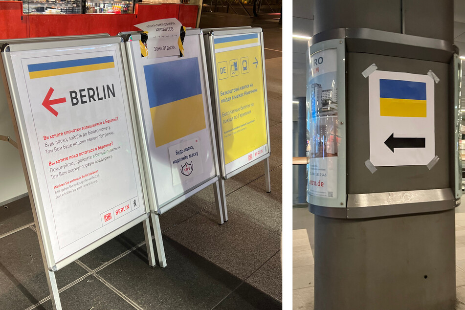 Aufsteller in diversen Sprachen sowie einfach verständliche Hinweisschilder sollen den ankommenden Flüchtlingen den Weg durch Berlins zentralen Bahnhof erleichtern.