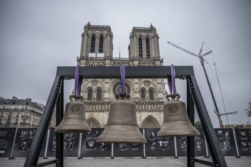 This photograph shows three new bells, including the bell used during the Paris Olympic Games, which were placed into Paris Notre-Dame cathedral on Thursday.