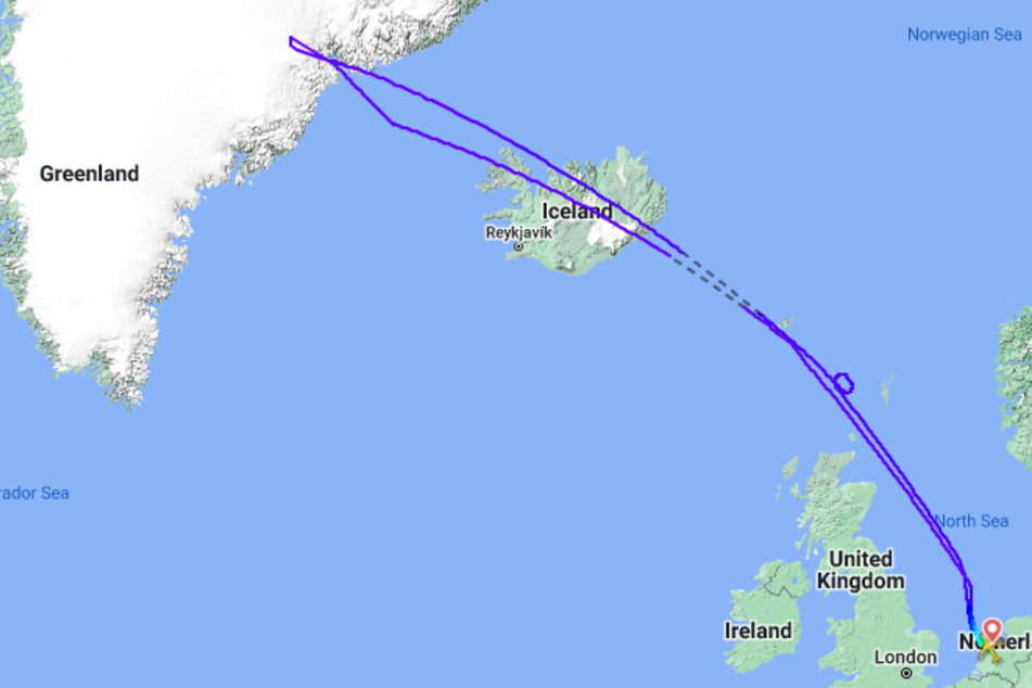 In 10.000 Metern Höhe wurde der Flug über Grönland abgebrochen. Anschließend ging es zurück nach Schiphol.
