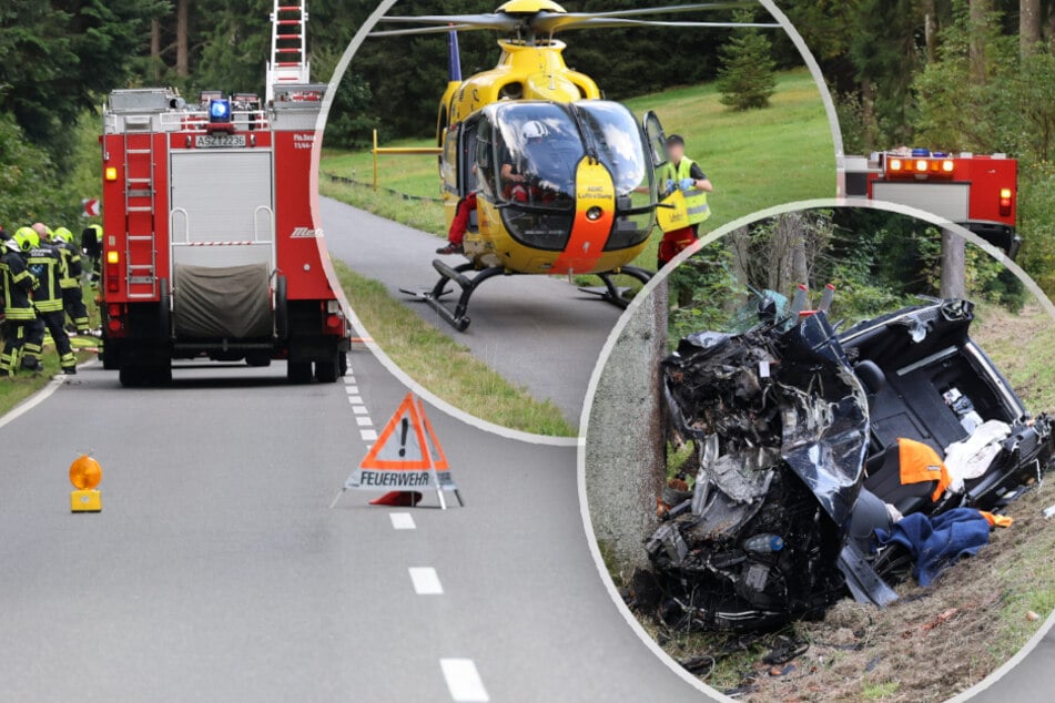 Schwerer Baum-Crash im Erzgebirge: Fahrer mit Hubschrauber in Klinik geflogen