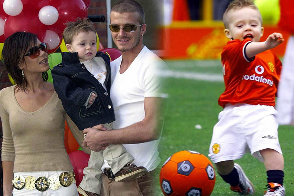 Brooklyn Beckham im zarten Alter von zwei Jahren mit seinen Eltern (li.) und später beim Fußballspielen.