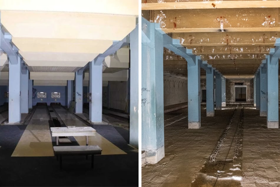 Ein Archivfoto von 2022 (l.) zeigt die Osthalle vor den Bauarbeiten. Heute (r.) wurde der Raum bereits entkernt und Wände entfernt, um bald mit dem nächsten Bauschritt weiterzumachen.