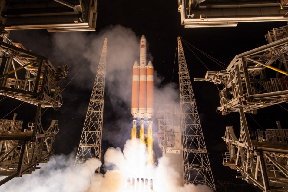 The United Launch Alliance Delta IV Heavy rocket is pictured with the Parker Solar Probe onboard during its launch on August 12, 2018, at Cape Canaveral Air Force Station in Florida.