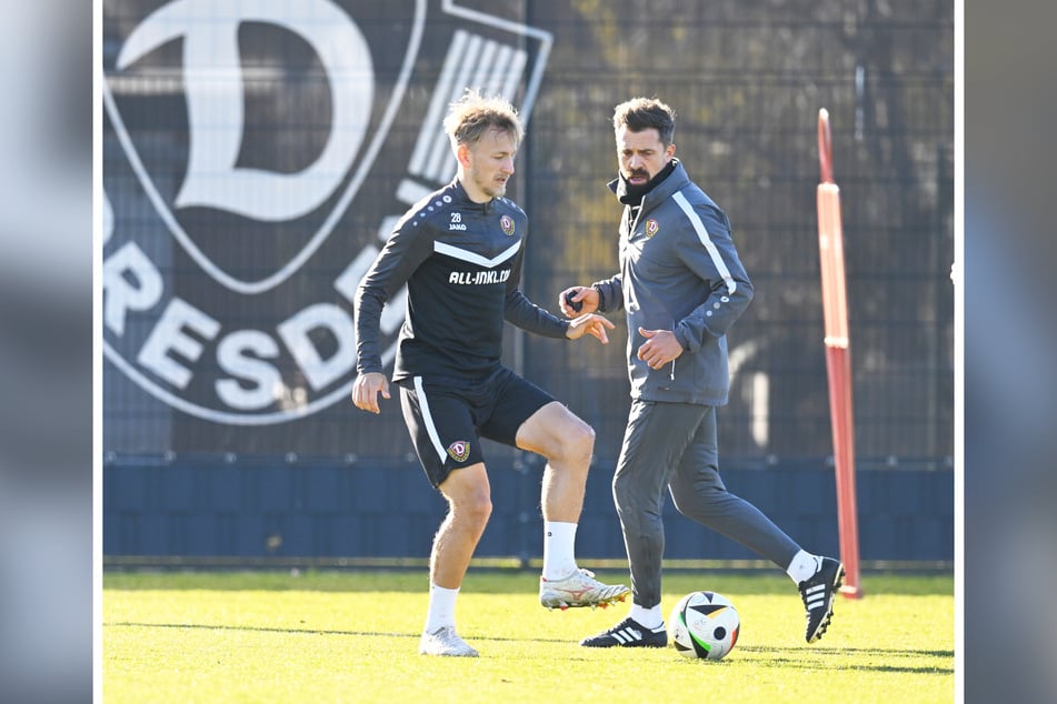 Dynamo-Trainer Thomas Stamm (42, r.) mit Sascha Risch (24) im Training. Am Wochenende ist das Trainingszentrum geschlossen. Alle haben frei, es ist die letzte Pause vor Saisonende.