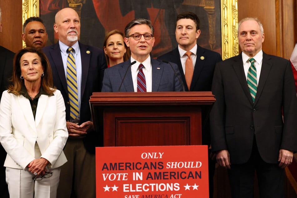 House Speaker Mike Johnson speaks in support of the SAVE America Act during a news conference at the US Capitol on February 11, 2026.