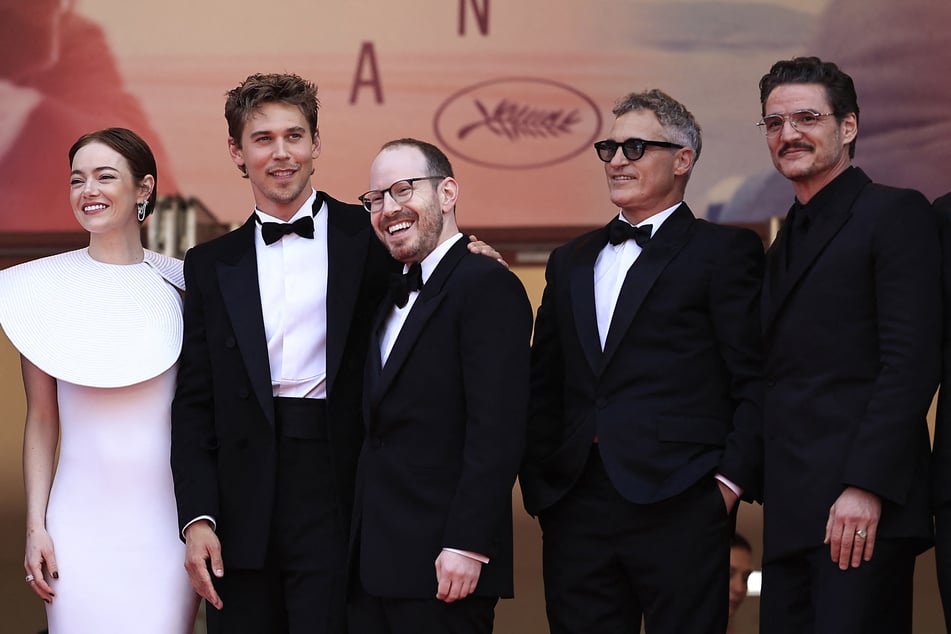 (From L) Emma Stone, Austin Butler, Ari Aster, Joaquin Phoenix, and Pedro Pascal arrive for the screening of the film Eddington at the 78th edition of the Cannes Film Festival in Cannes, southern France, on Friday.