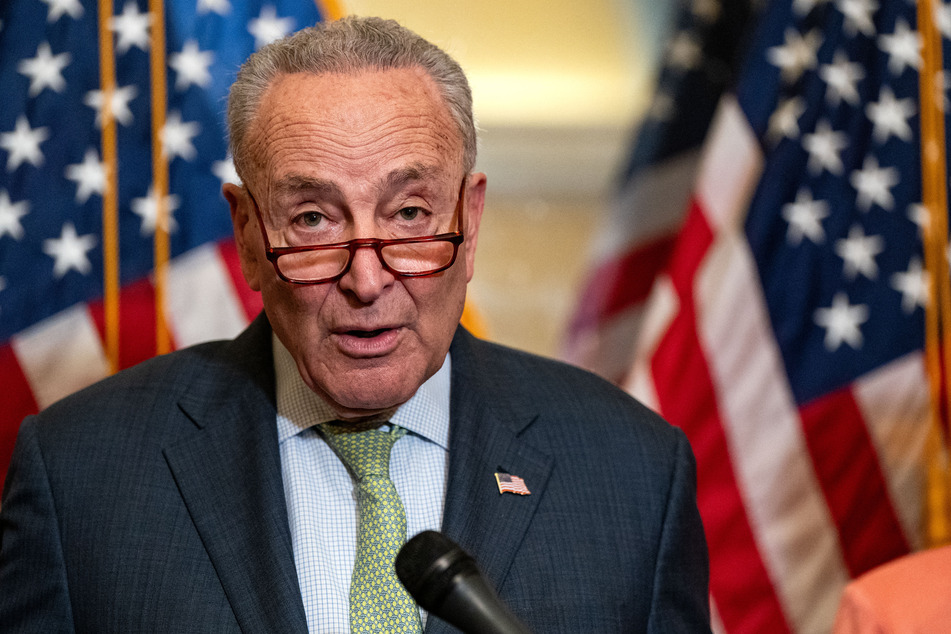 Senate Majority Leader Chuck Schumer speaks about The Border Act during a news conference on Capitol Hill on Wednesday in Washington, DC.