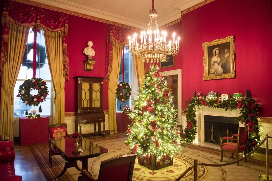 The Red Room features decorations honoring frontline workers during the coronavirus pandemic.