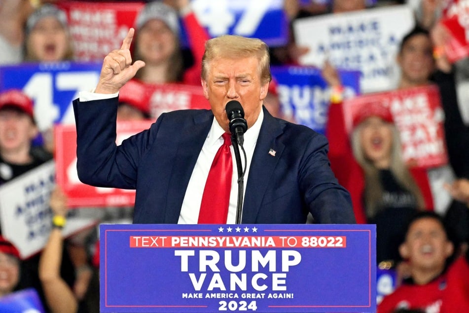 Donald Trump speaking during a campaign rally at Santander Arena in Reading, Pennsylvania on October 9, 2024.