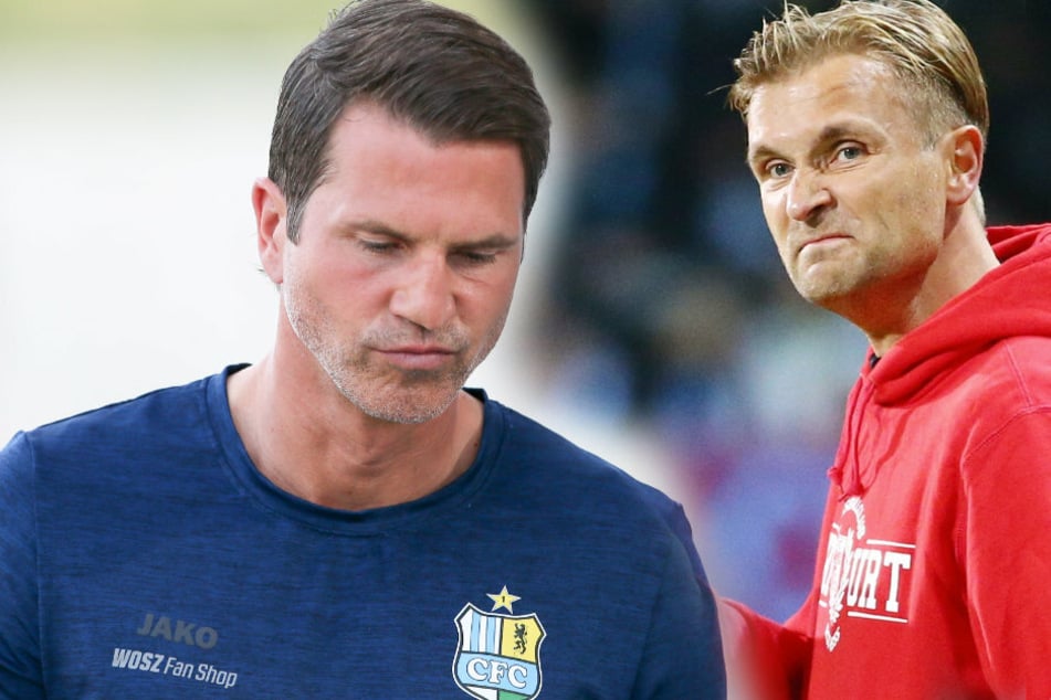 CFC-Coach Patrick Glöckner (F.l.) ist mit seiner Mannschaft in die Regionalliga abgestiegen. Sein Vorgänger David Bergner (F.r.) ist nicht ganz unschuldig an der Situation.