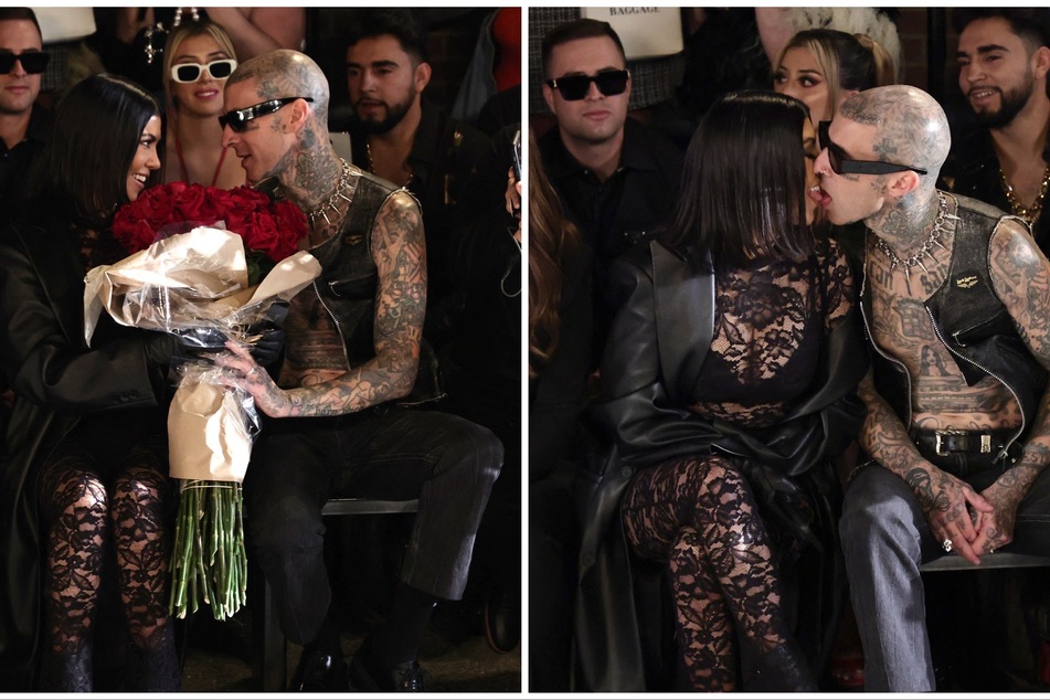 Kourtney Kardashian (l) and Travis Barker locked lips during the Boohoo show at New York Fashion Week.