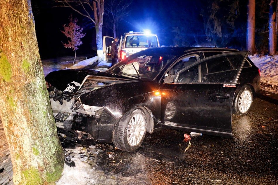 Ein Audi schlitterte am Sonntagabend gegen einen Baum.