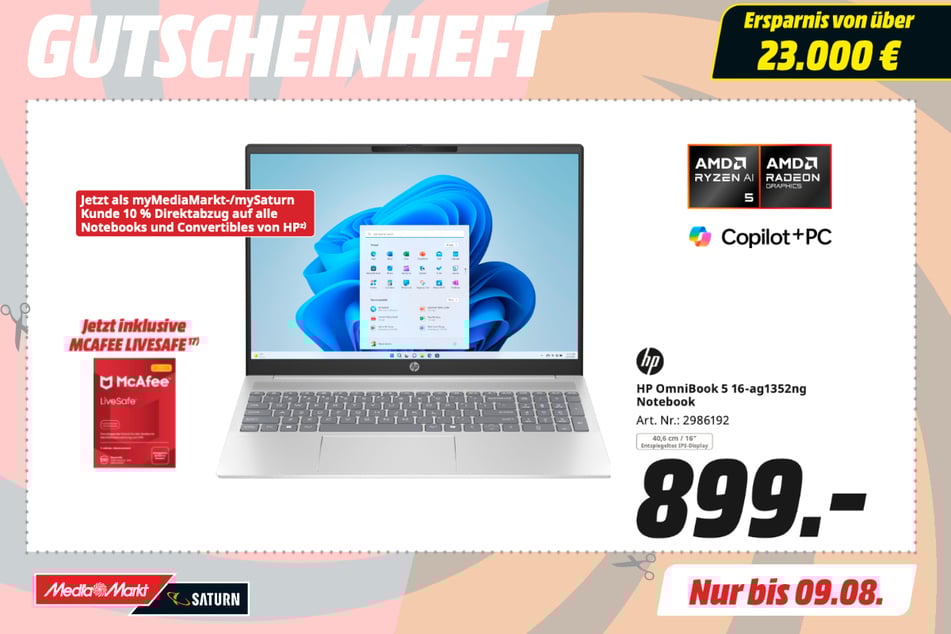 HP-Notebook OmniBook 5 16-ag1352ng für 899 Euro (inkl. McAfee Livesafe).