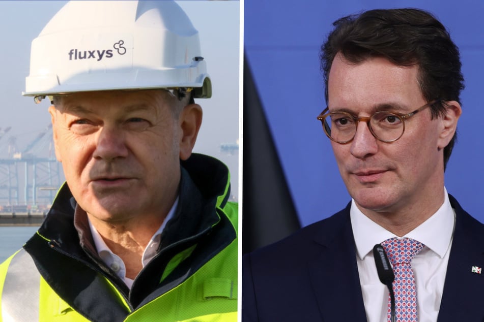 NRW-Chef Hendrik Wüst (47, CDU, r.) fordert von Bundeskanzler Olaf Scholz (64, SPD) beim Energietreffen in Belgien Klarheit über etwaige Gaslieferungen.