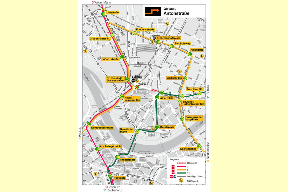 Während des Weichentauschs entfällt die Haltestelle "Bahnhof Neustadt" am Schlesischen Platz.