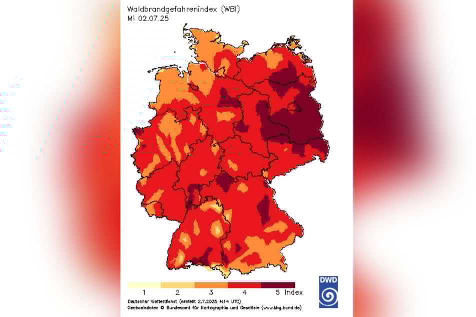 Der Waldbrandgefahrenindex des Deutschen Wetterdienstes vom 2. Juli 2025.