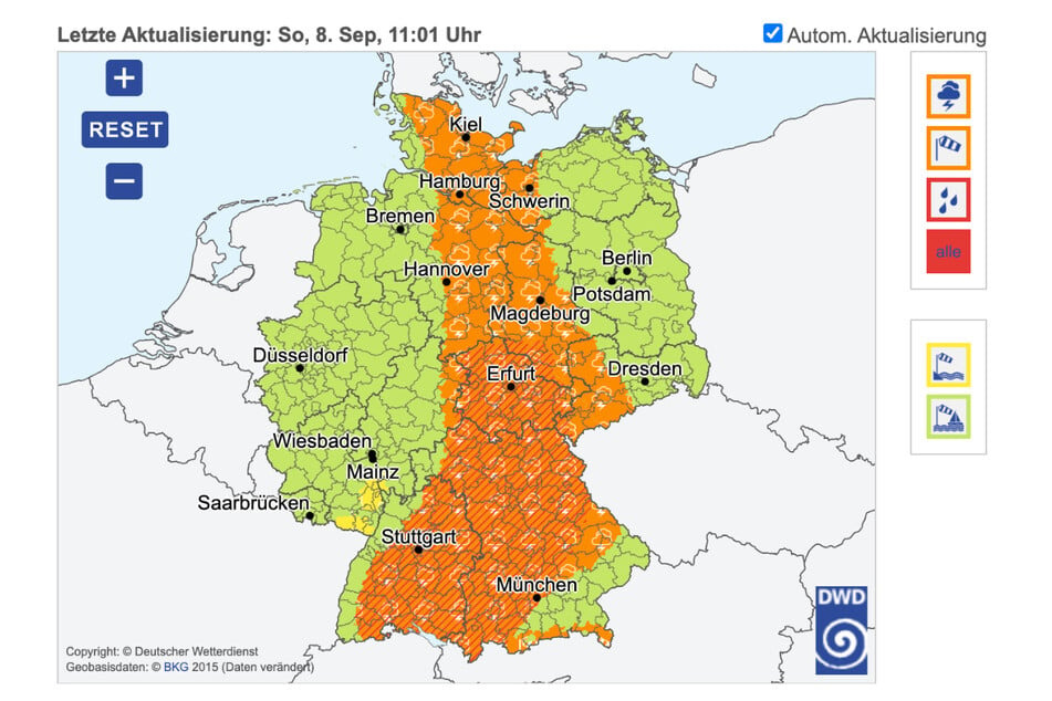 Für weite Teile Deutschlands rechnet der DWD mit sehr viel Regen.