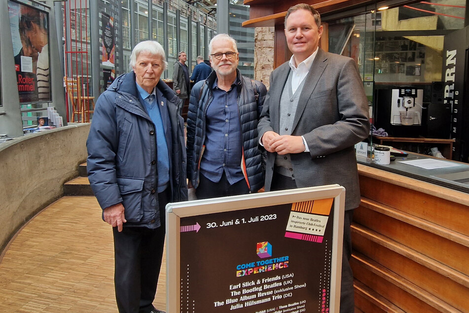 Die Veranstalter Karsten Jahnke (l.) und Uriz von Oertzen (M.) von der "Come Together Experience GmbH" zusammen mit Senator Carsten Brosda (48, SPD, r.) am Mittwoch bei der Pressekonferenz zum neuen Festival.