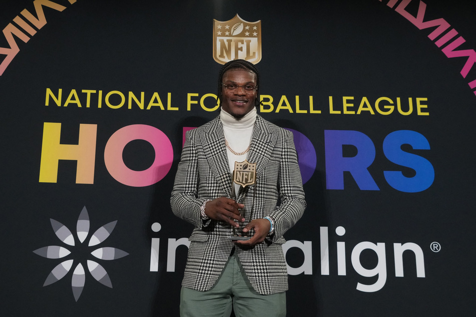Baltimore Ravens quarterback Lamar Jackson attends the NFL Hall of Fame Class of 2024 press conference at Resorts World Theatre in Los Vegas.