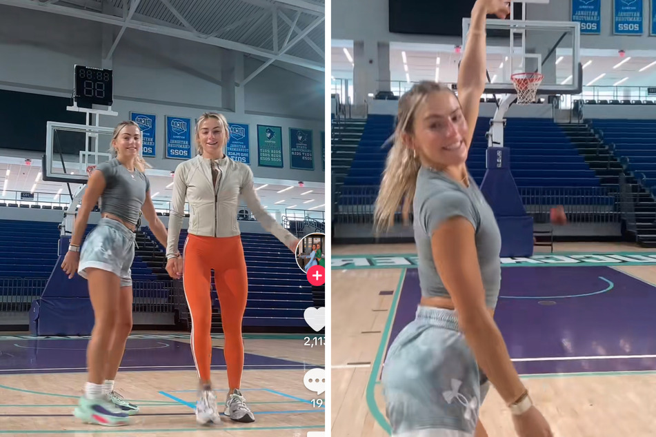 Haley and Hanna Cavinder flaunt their twin hoop magic with stellar trick shot