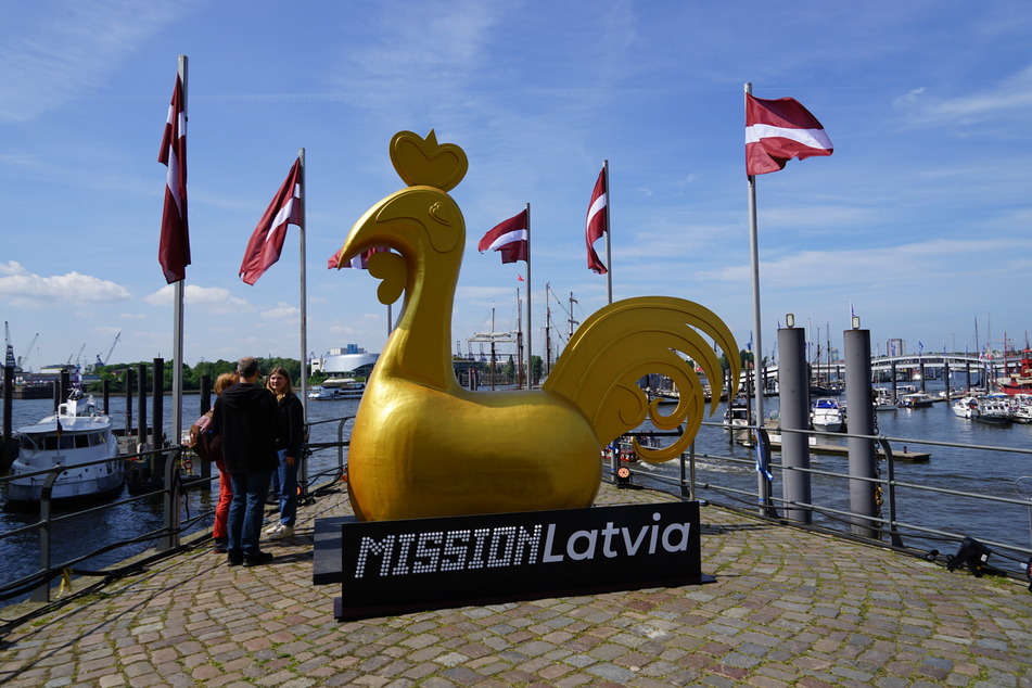 Der "Große Hahn von Riga" ist das Symbol der lettischen Hauptstadt und steht noch bis Sonntag in Originalgröße an der Kehrwiederspitze.