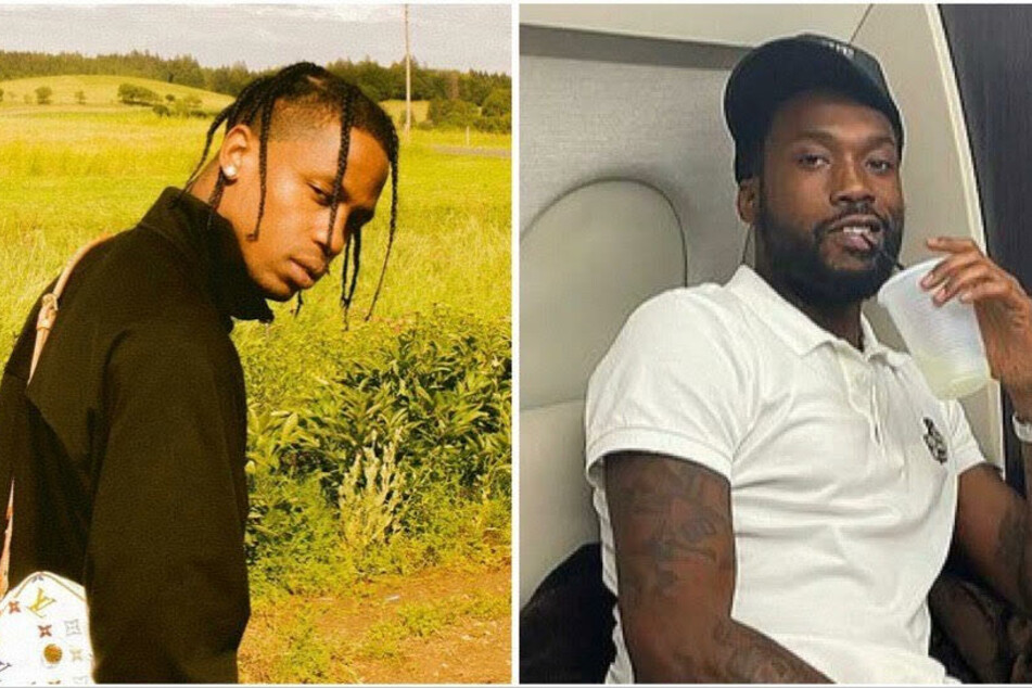 Travis Scott (l) and Meek Mill (r) apparently exchanged words while attending Michael Rubin's party in the Hamptons over the weekend.