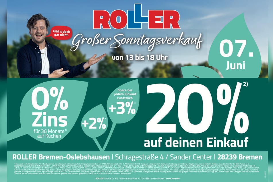 Der verkaufsoffene Sonntag (7.6.) bei ROLLER in Bremen-Oslebshausen steigt von 13 bis 18 Uhr.