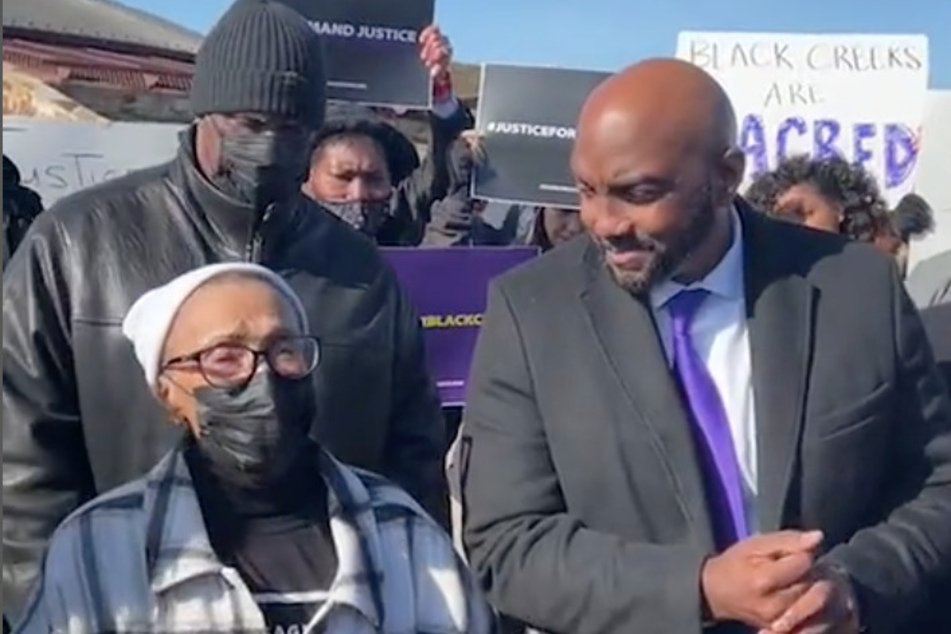 Eloise Smith, standing alongside attorney Damario Solomon-Simmons, traveled from Las Vegas, Nevada, to attend the hearing in Okmulgee, Oklahoma.