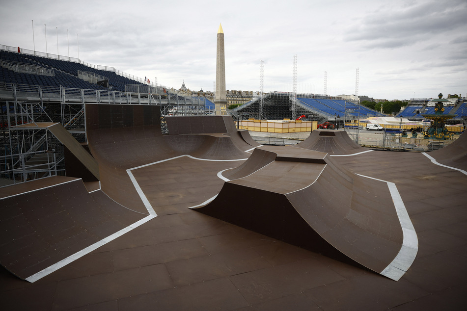 The BMX Freestyle site by the Luxor Obelisk at the Place de la Concorde ahead of the Paris Olympics.